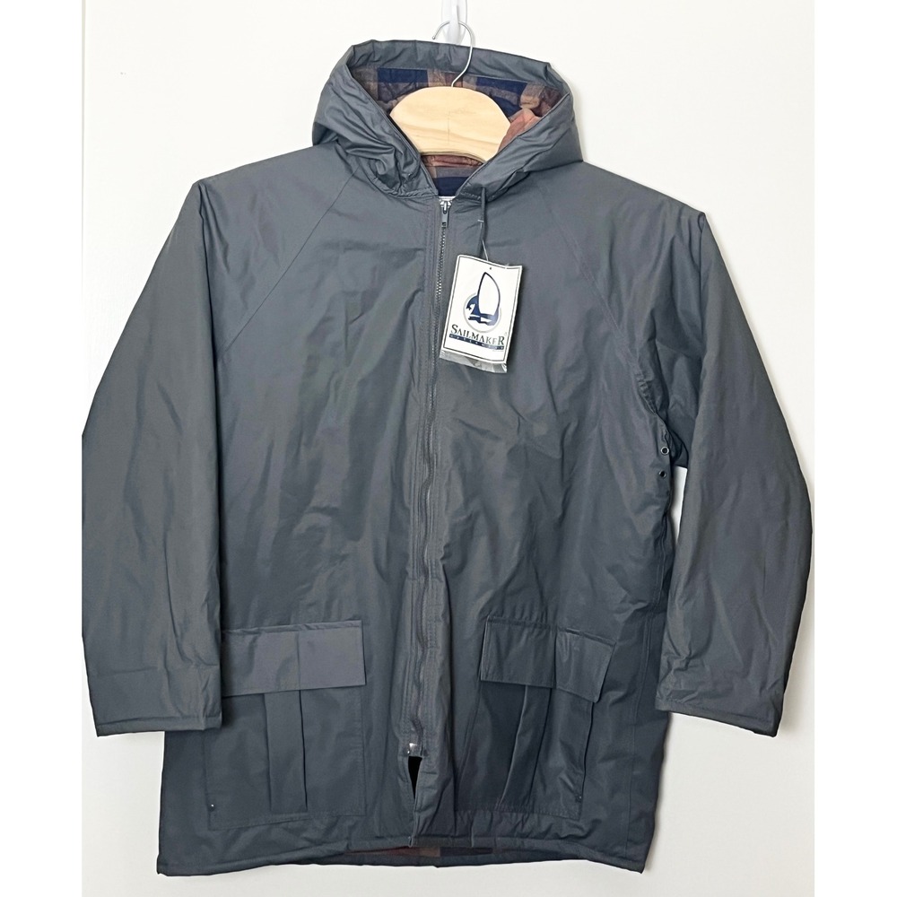 NWT Sailmaker Hooded Raincoat Men XL Gray Flannel Lined Jacket Vintage Fisherman